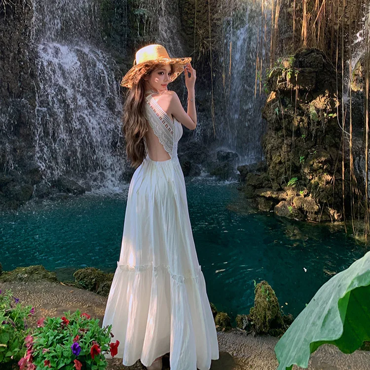 Sexy Backless White Suspender Dress Women's Waist Temperament Seaside Beach Photo Dress
