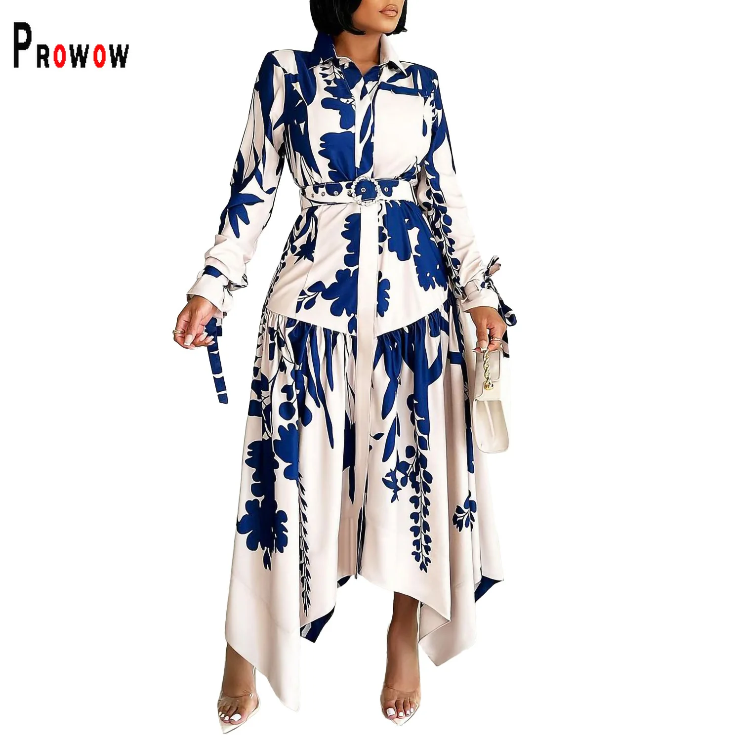 

Prowow Irregular Women's Maxi Dress Fashion Print Long Sleeve Turn-down Collar Female Clothing Slim Fit Birthday Party Wear