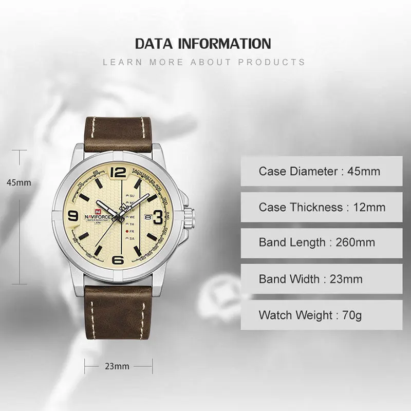 NAVIFORCE-캐주얼 와일드 남성 패션 크리에이티브 가죽 쿼츠 캘린더 손목 시계, 비즈니스 방수 남성 시계