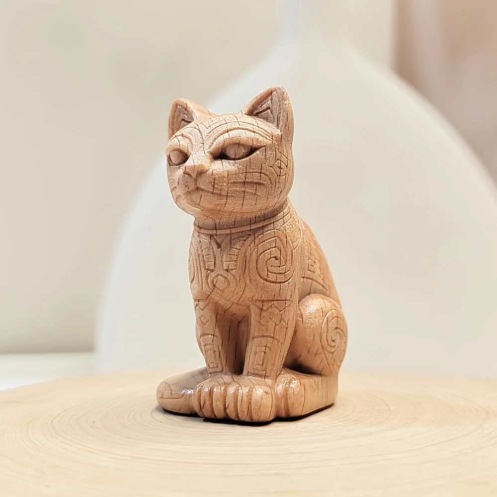 1.8 Inch Hand-Carved Wooden Cat Totem Ornament, Folk Style, Artistic Design, Suitable for Creative Desktop Decorations, Home Decoration, Bedroom, Party Decoration, New Year's Gift, Study Room, Birthday Gift