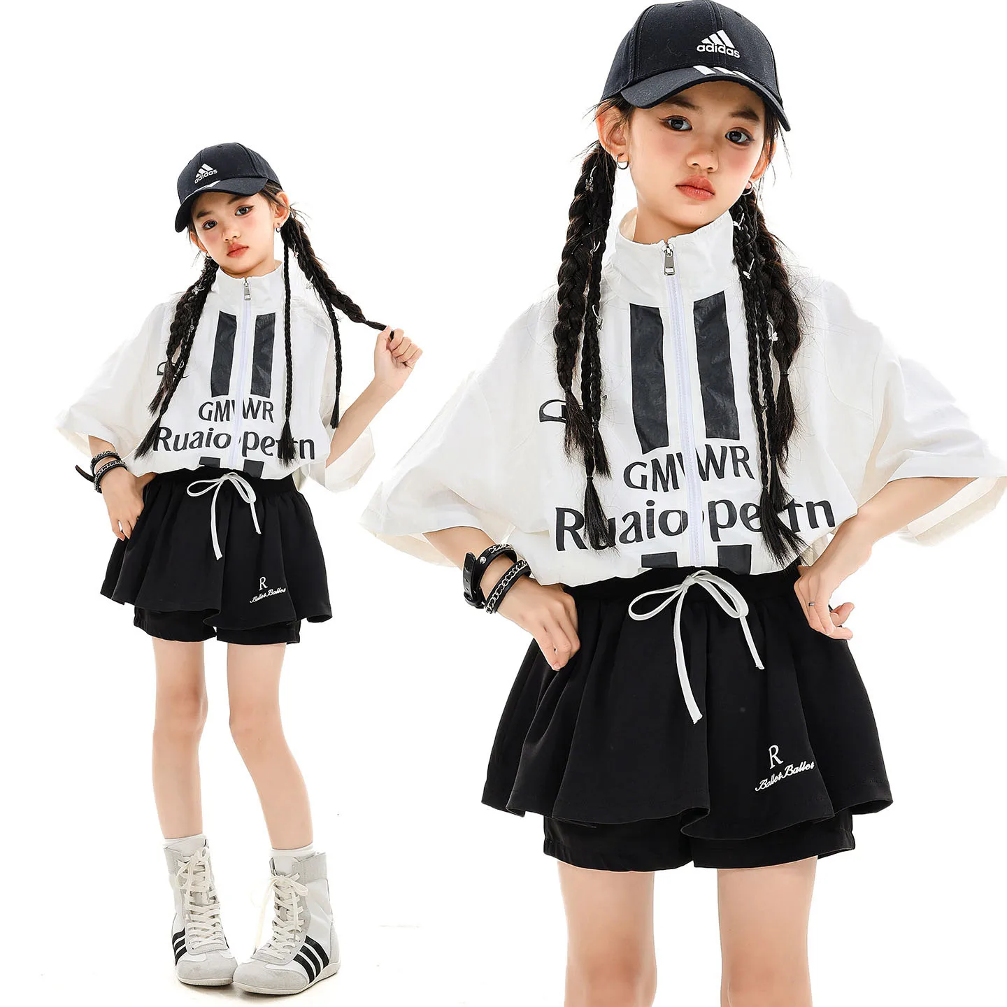

Kid Kpop Hip Hop Clothing White Zip Up Shirt Jacket Black Street Pleated Skirt Shorts for Girl Jazz Dance Wear Costume Clothes