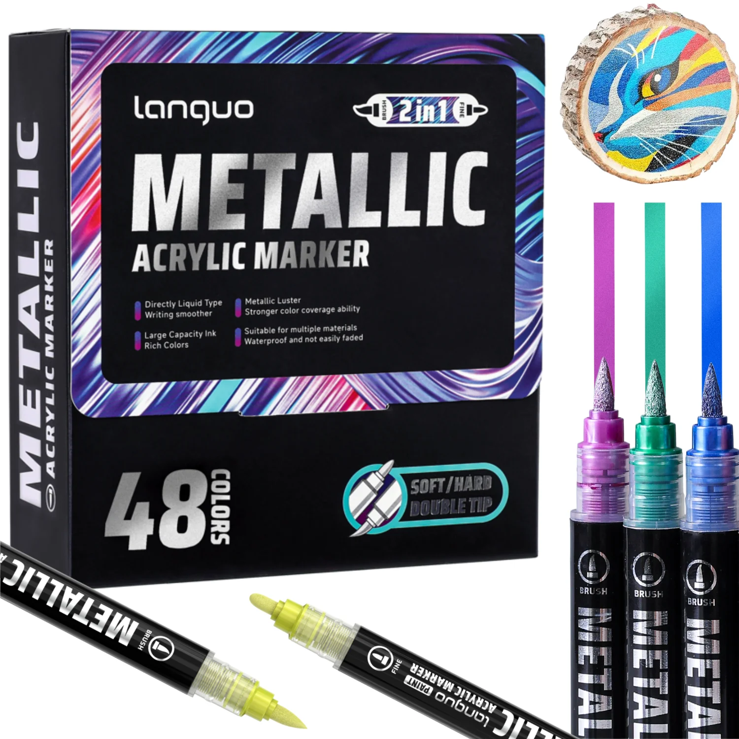 Acrylic Paint Metallic Markers,Automatic ink control Dual Tip(Brush & Fine)for DIY Crafts,Scrapbooking,Glass,Wood,Cards Alcohol