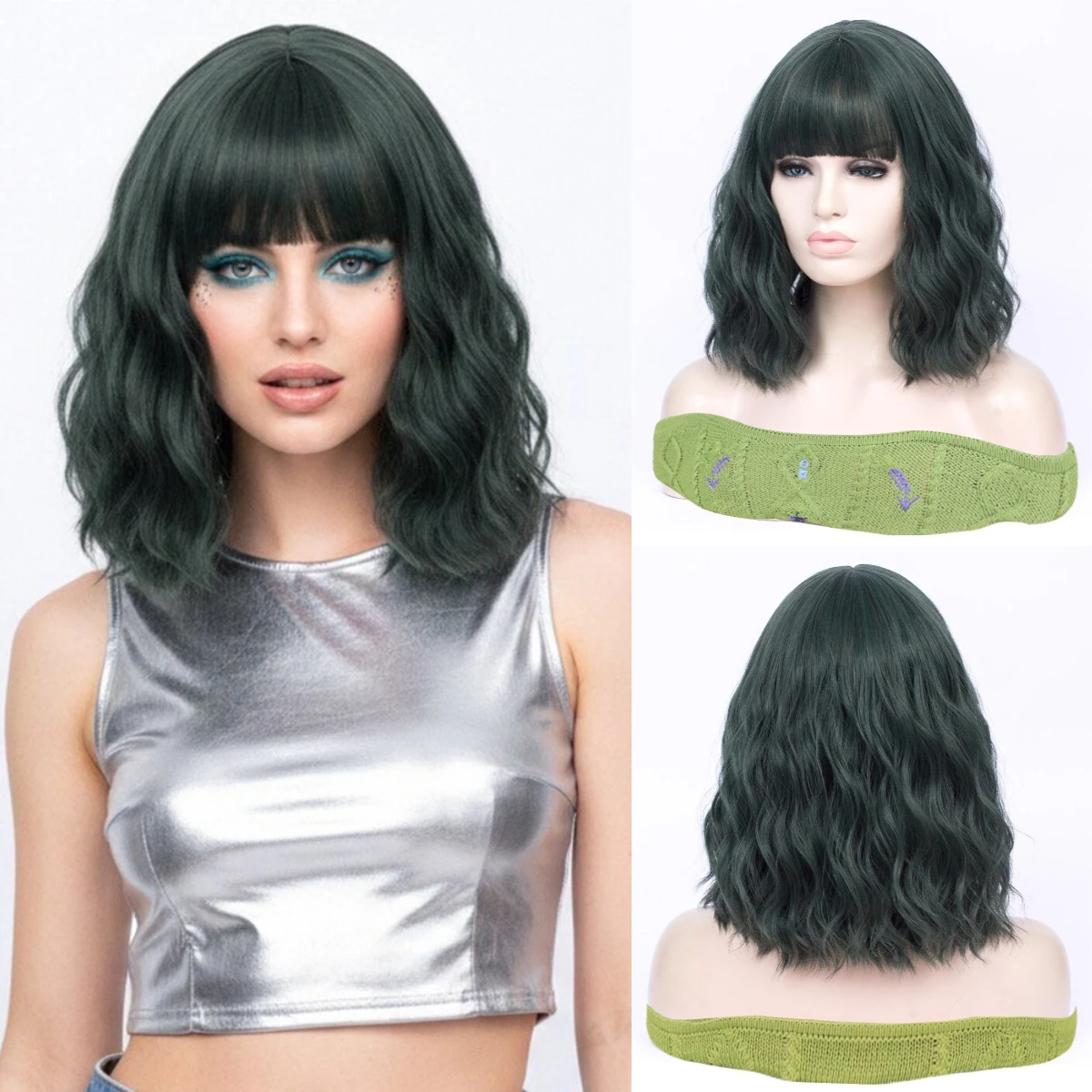 

Synthetic Short Curly Wavy Blackish Green Bob Wig with Bangs for Woman Anime Cosplay & Lolita Costumes Party Fake Hair