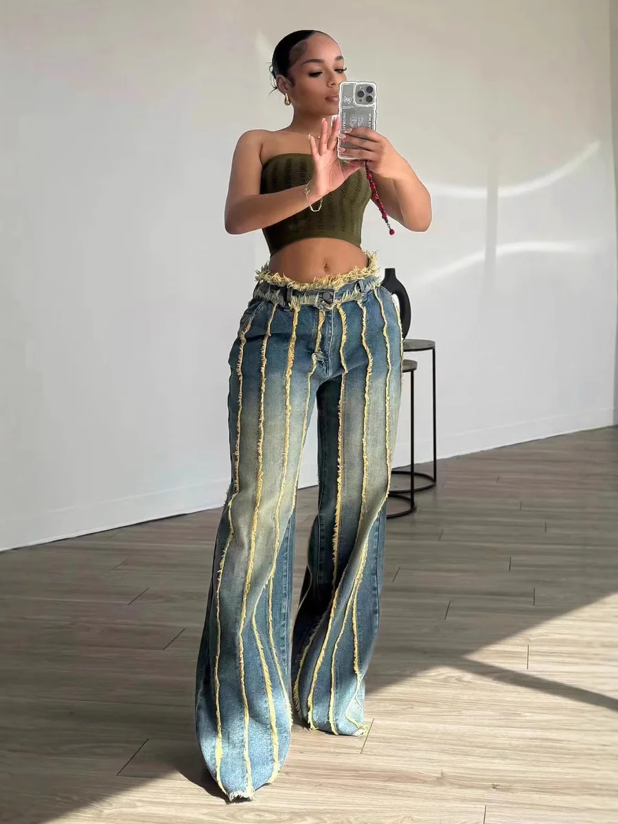 Calças de brim femininas outono inverno moda solta emenda borla estiramento denim calças rua wear casual em linha reta carga jeans