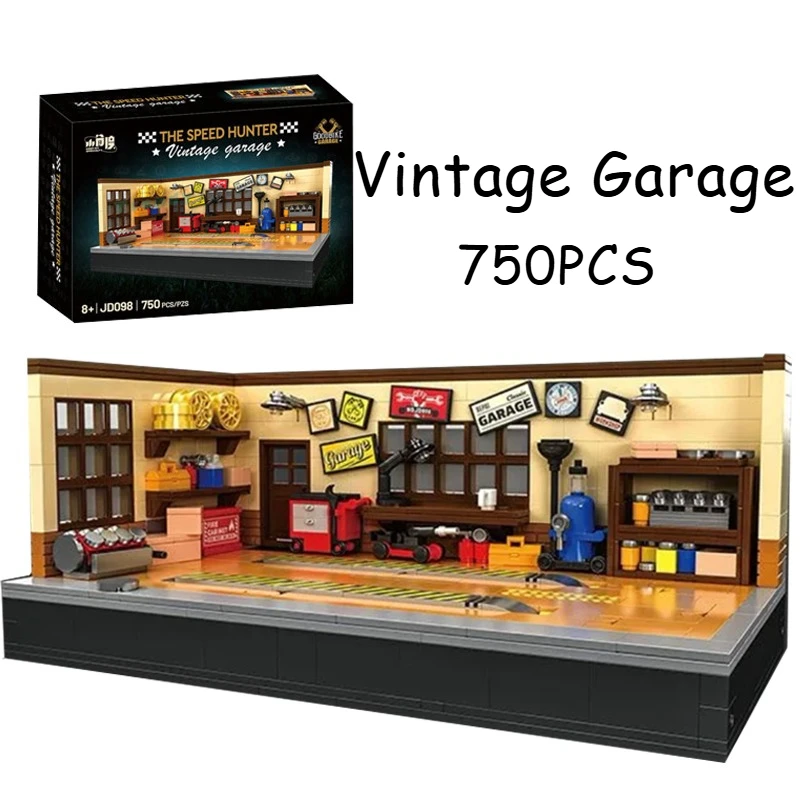 750PCS Vintage Garage met Hefplatform, Creatieve Voertuig Auto Reparatiewerkplaats, Verzamel Bouwstenen Bakstenen DIY Speelgoed Geschenken
