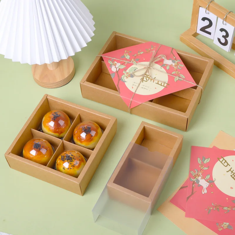 10pcs/lot Brown Cardboard Boxes Red Kraft Paper Drawer Slide Packaging Box With PVC Frosted Window Pastry Gift Boxes