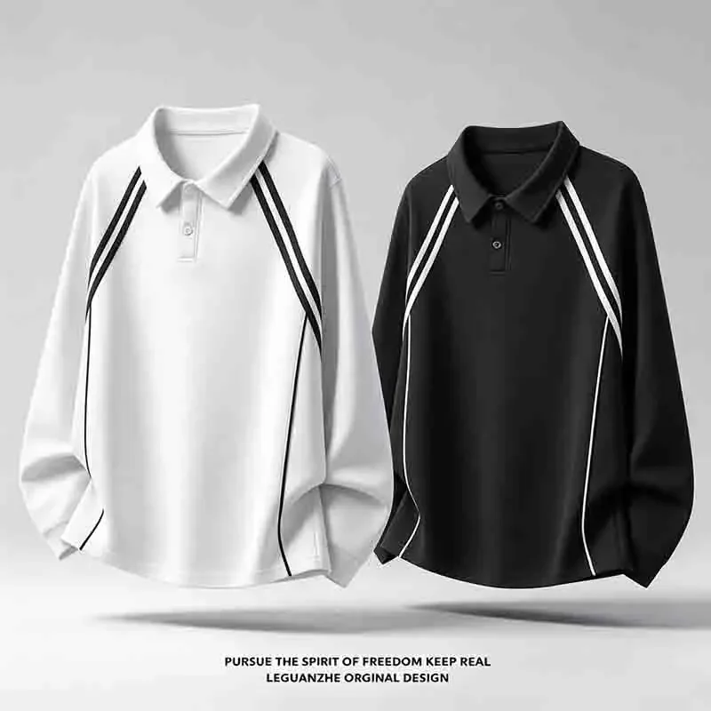 Mens Lapel Collar Long Sleeve Polo Tee Contrast Striped Panel Design Loose Fit Soft Breathable Casual Shirts