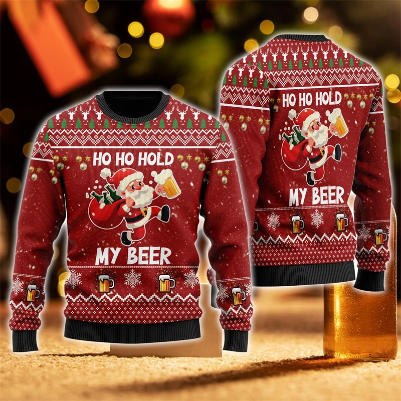 2026 New Fashion Beer Graphic Ugly Christmas Sweater Trendy Santa Claus 3D Printed Xmas Sweatshirts Casual Oversized Pullovers