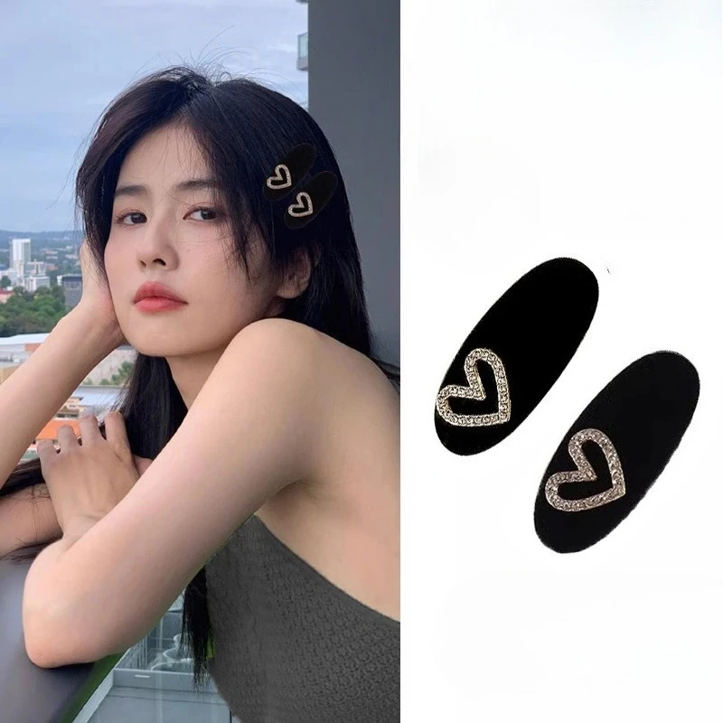 Small Exquisite Heart-shaped Hair Clip Velvet Duckbill Clip Female Rhinestone Heart-shaped Bangs Side Clip Styling Accessories