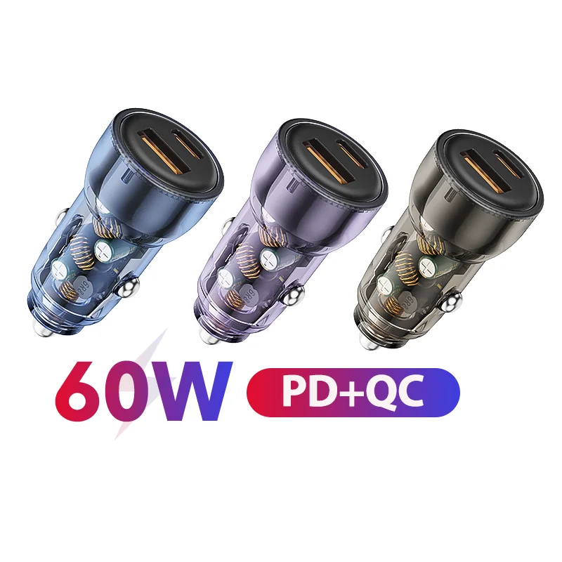 

Transparent Mini Car Charger 60W Super Fast Charge Mobile Phone Charger Adapter