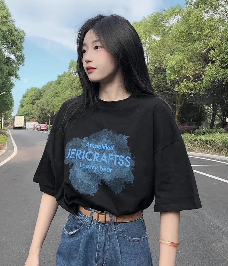 T-shirt ortod Sve in puro cotone da donna con stampa di lettere americane Capispalla dimagrante versatile e alla moda Larghezza superiore