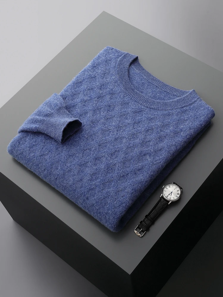 ADE-WhatsApp-Pull en cachemire optique pour hommes, pull à col rond, tricot losange, vêtements décontractés intelligents, 100% laine mérinos,
