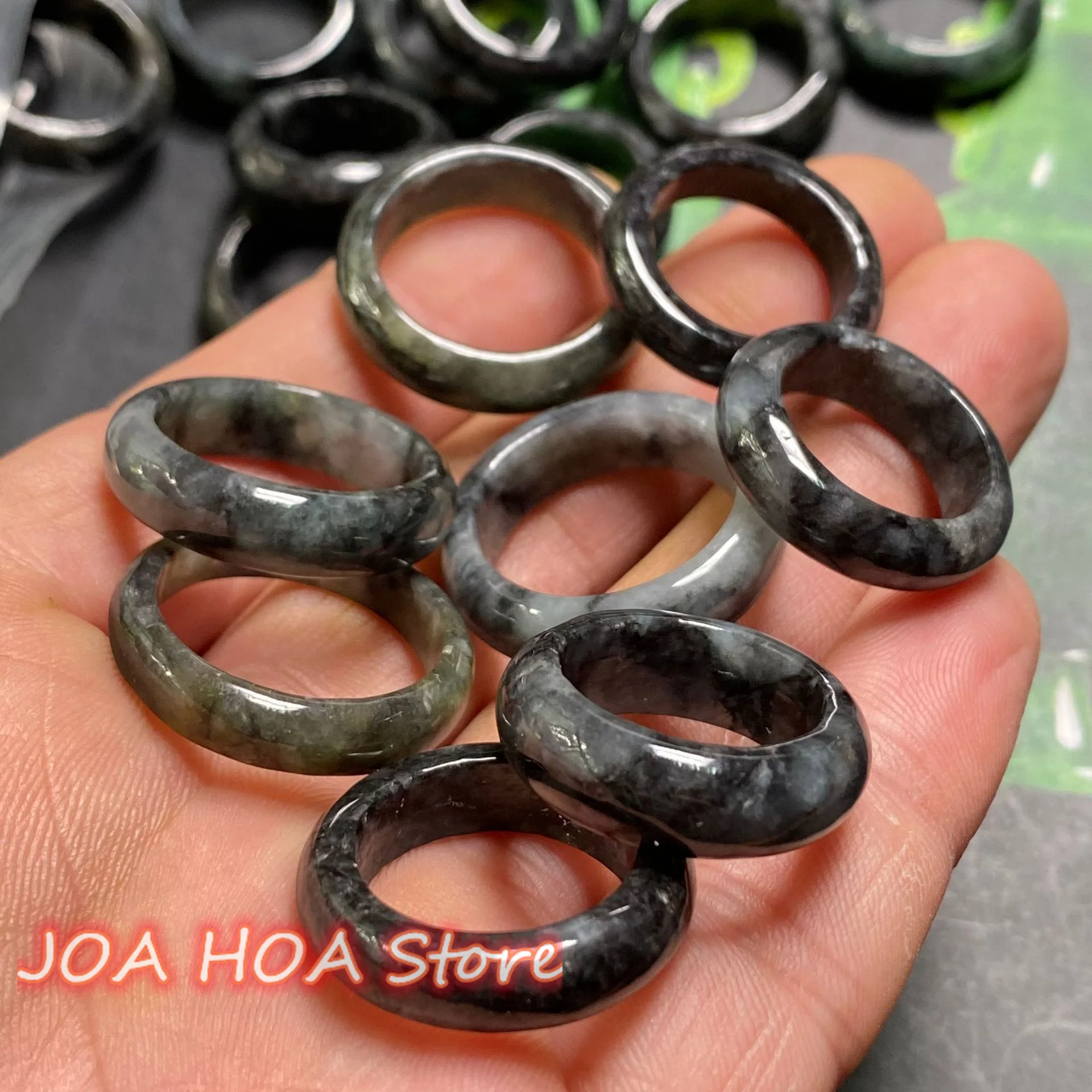 

Jadeite Wholesale Jade-Black A Goods Jade-Ring Black White Background Floating Flowers Ring Hot Selling Handring Jewelry