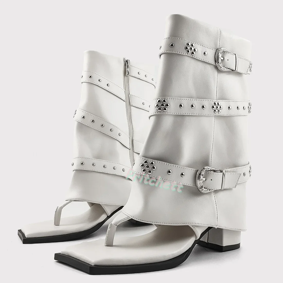 

Flip Flops Square Open Toe Women Boots Side Buckles Retro Hotties Chunky High Heels Side Zipper Summer Sexy Shoes 2025 New