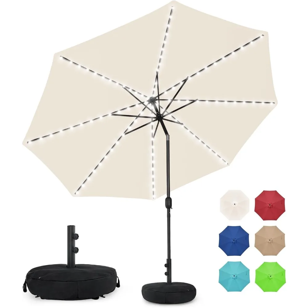

Solar 104 LED 11 ft Patio Umbrella with Sand Bag Umbrella Base, Outdoor Umbrella with Tilt and Crank, Beige