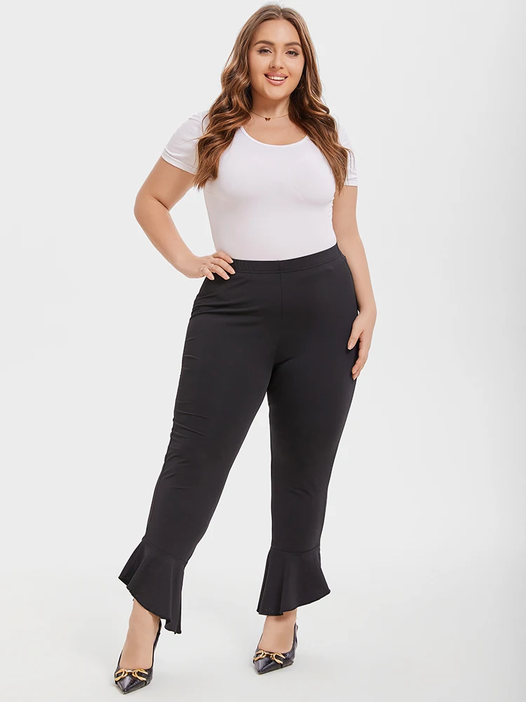 Plus Sized Clothing Classic Lady Trousers High-Waist Elastic Waistband Control Tummy Lady Trousers Solid Color Flared Leg Pants