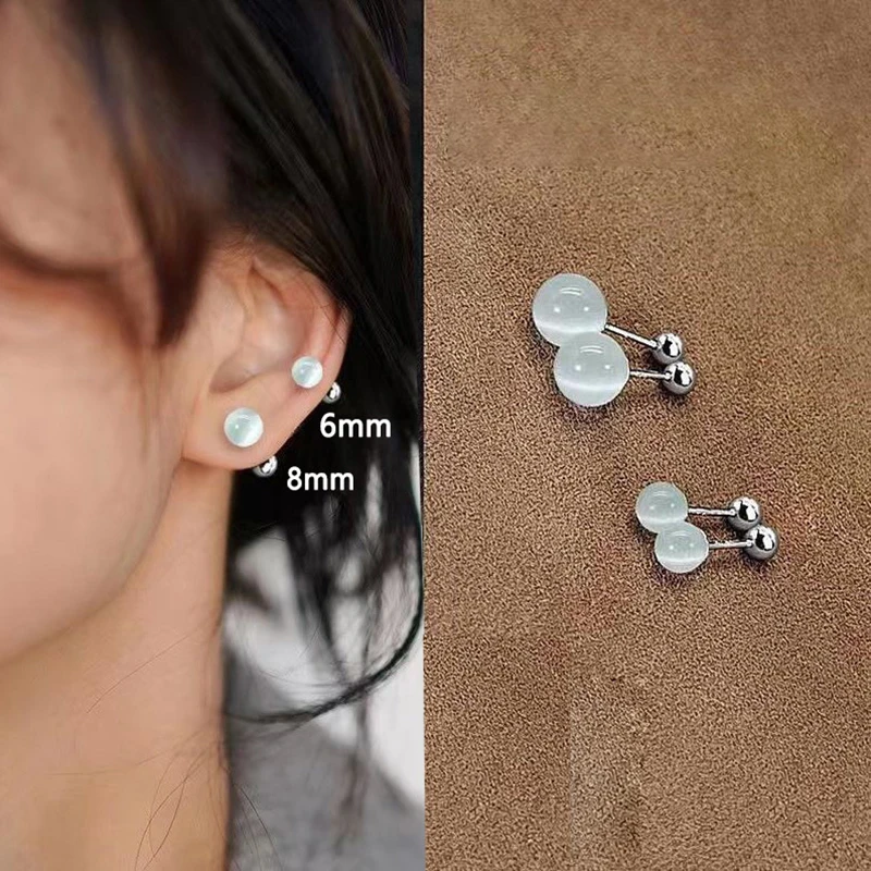 Real 925 Sterling Silver 6/8mm Opal Bead Screw Stud Earrings For Women Classic Fine Jewelry Minimalist Advanced Accessories