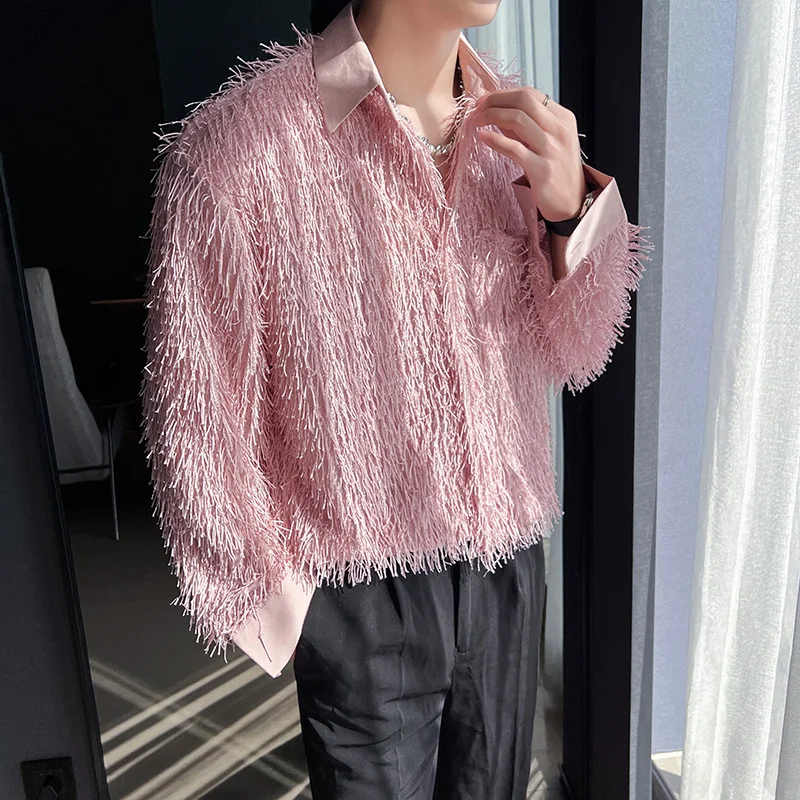 

Long Sleeved Shirt Men Fashion Society Mens Off White Dress Shirt Korean Loose Casual Shirt Mens Pink Tassels Shirts M-2XL