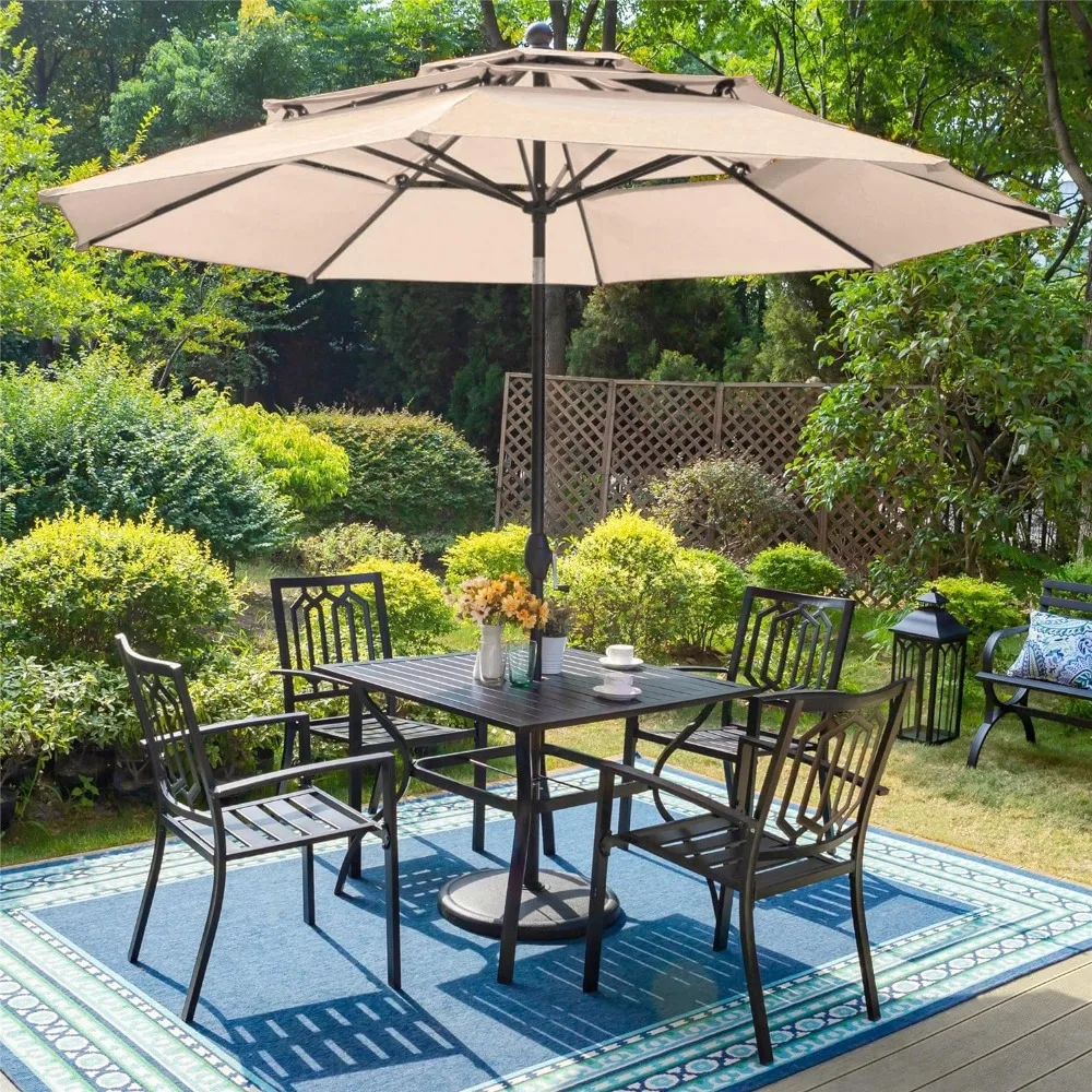 

Outdoor Dinings Table Chair Set ,1Square Table 4 Metal Stackable Chairs and 1Auto-tilt Umbrella,5 Piece Garden Dining Table Sets