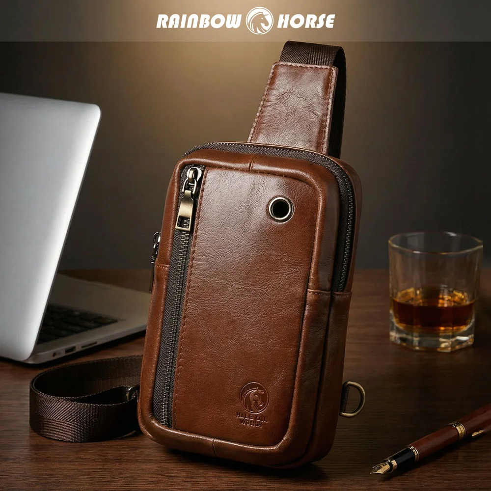 Rainbow Horse 2026 New Men's Small Chest Bag Casual Crossbody Backpack Crazy Horse Leather Chest Bag Factory Direct Supply for C