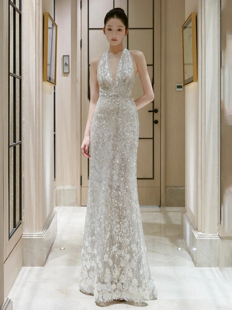 

Ele Silver Sequin Evening Dr Ne Hanging Wedding Engagement Par Tail Skirt Luxury Year Conference Host Gown