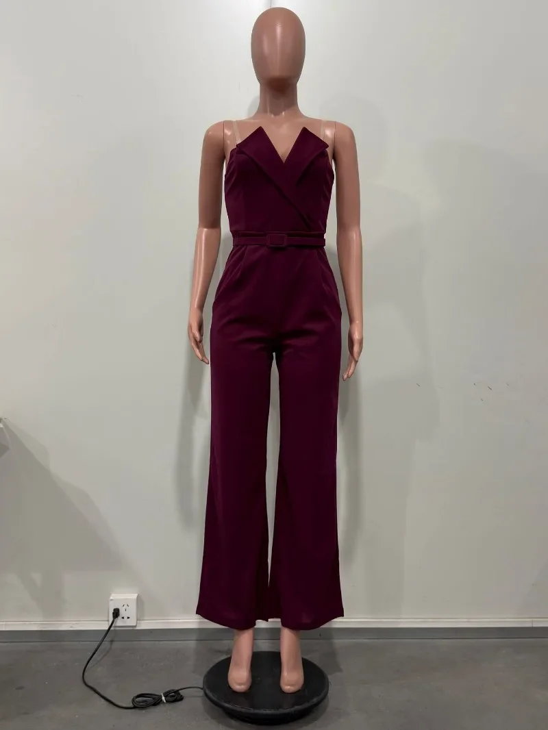 Monos elegantes con corte en V para mujer, chaqueta sin tirantes con cinturón, pantalones de pierna ancha sin espalda, monos de una pieza para fiesta, peleles de oficina para mujer