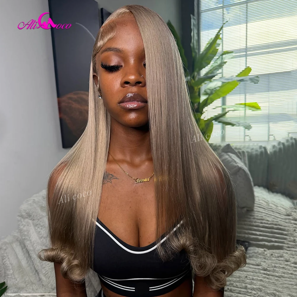 13x6 Drawstring Human Hair Straight Glueless Wig 13X6 Lace Frontal Preplucked Wig 13x4 Lace Front Ash Milk Tea Colored Wigs