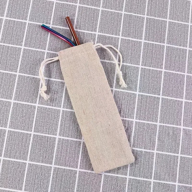 Multi-functional Cotton Linen Drawstring Pocket Dustproof Straw Storage Bag Cutlery Organizer Home