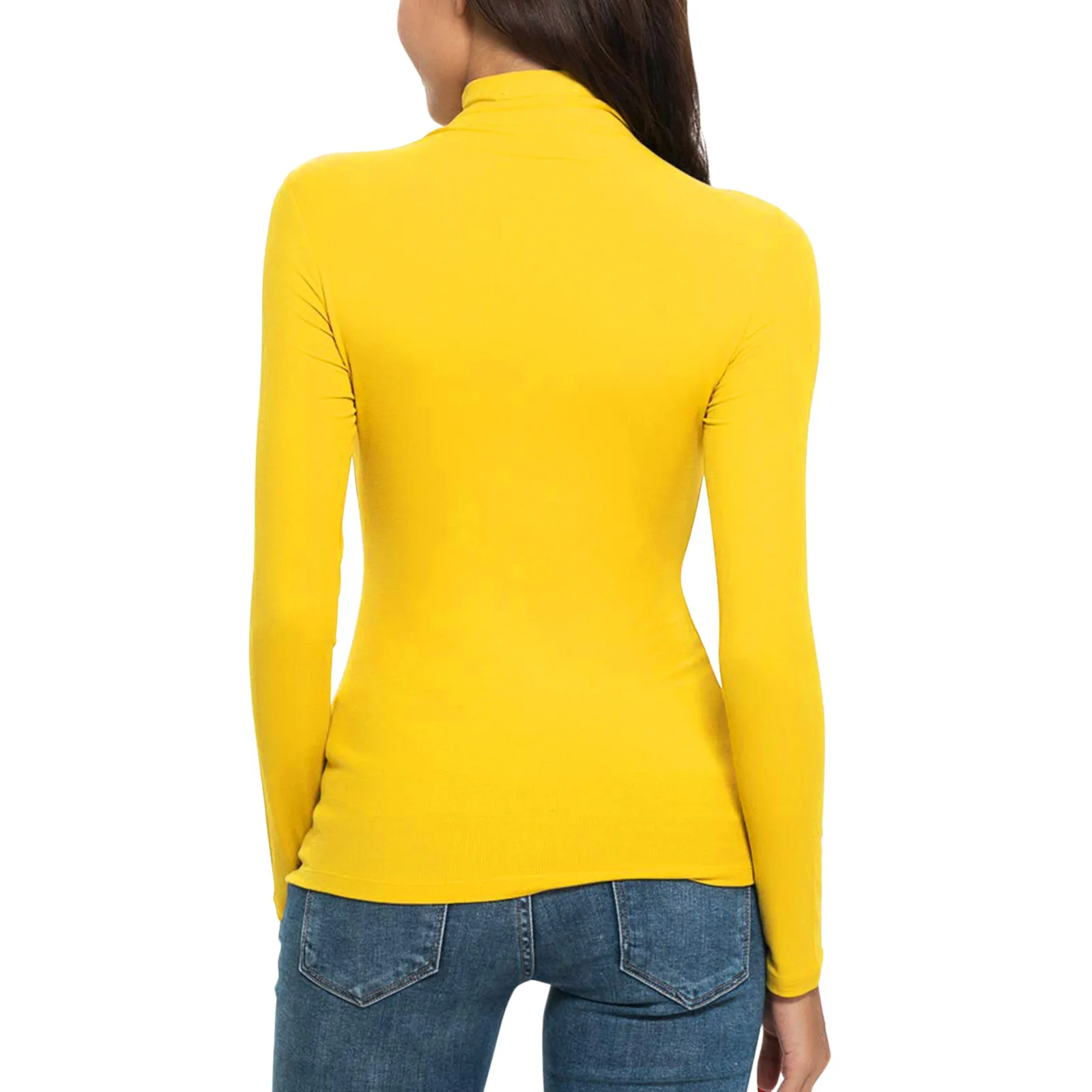 Turtleneck Women Basic T-Shirt Casual Solid Long Sleeved Blouse Tops Slim Fit Stretchy Versatile Tee Shirts Yellow Black T Shirt