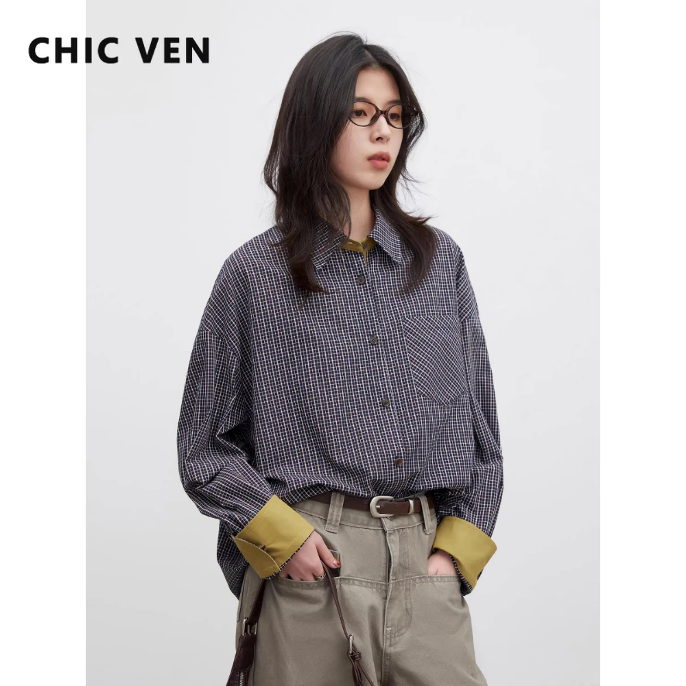 

Модная женская рубашка CHIC VEN: свободная повседневная блузка в контрастную клетку, удлиненная хлопковая рубашка-пальто, весна-лето 2026