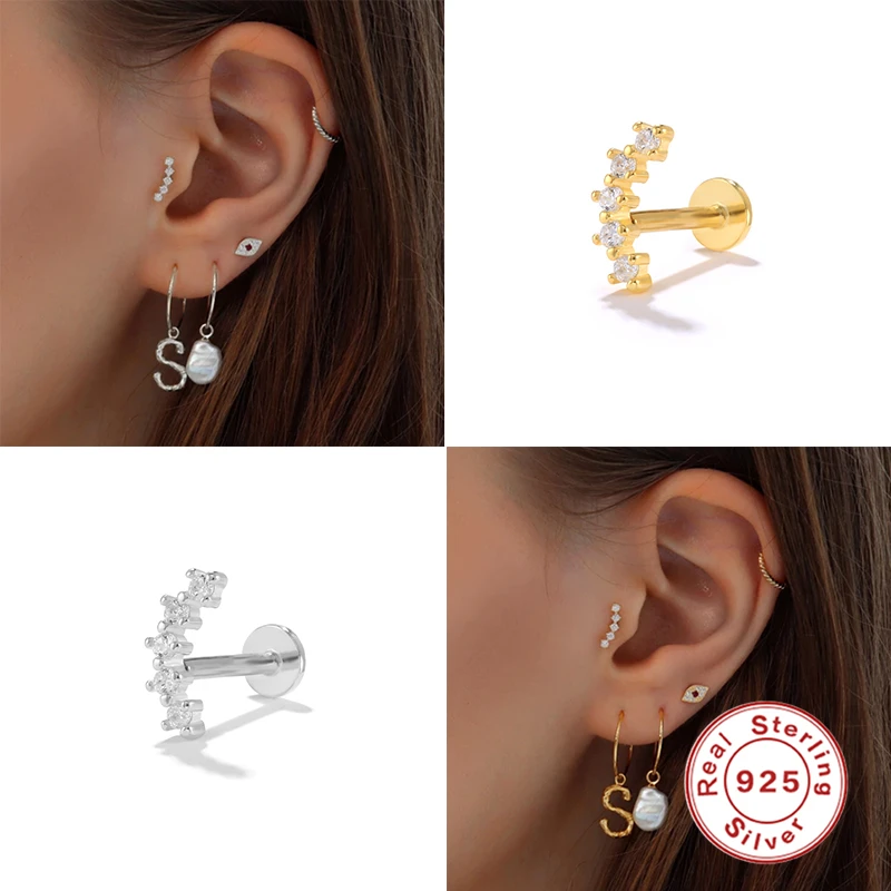 2pcs 피어싱 Aretes 925 스털링 실버 스터드 귀걸이 블링 지르콘 스타 문 눈 미니 작은 연골 귀걸이 여성 Jewerly