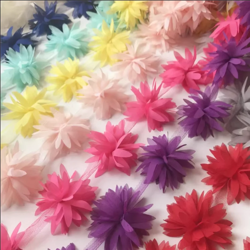 12 Flowers（1Yard） Applique 3D Chiffon Lace Applique Gift Decoration DIY Bridal Veil Shoes Wedding Children\'s Wear Accessories