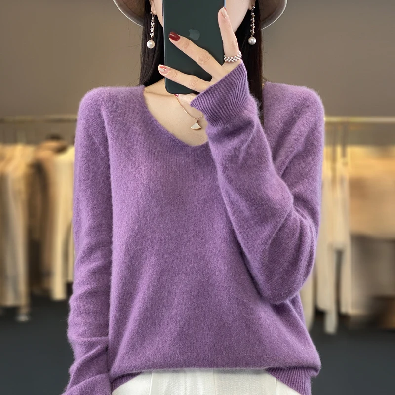 100% Merino Wool Basic Sweaters Women Knitted Pullover Top Winter Warm Soft V-Collar Polychrome Sweater Women's Jumper