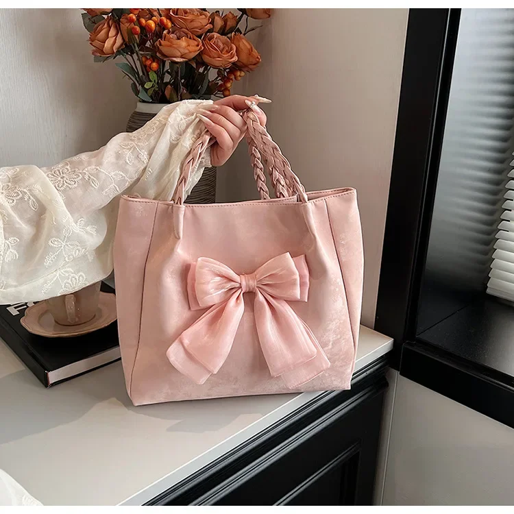 

Женская розовая сетчатая сумка на плечо с бантом, стильная повседневная сумка-тоут с контрастной отделкой, универсальная ручная сумка с одним ремешком, милые девушки