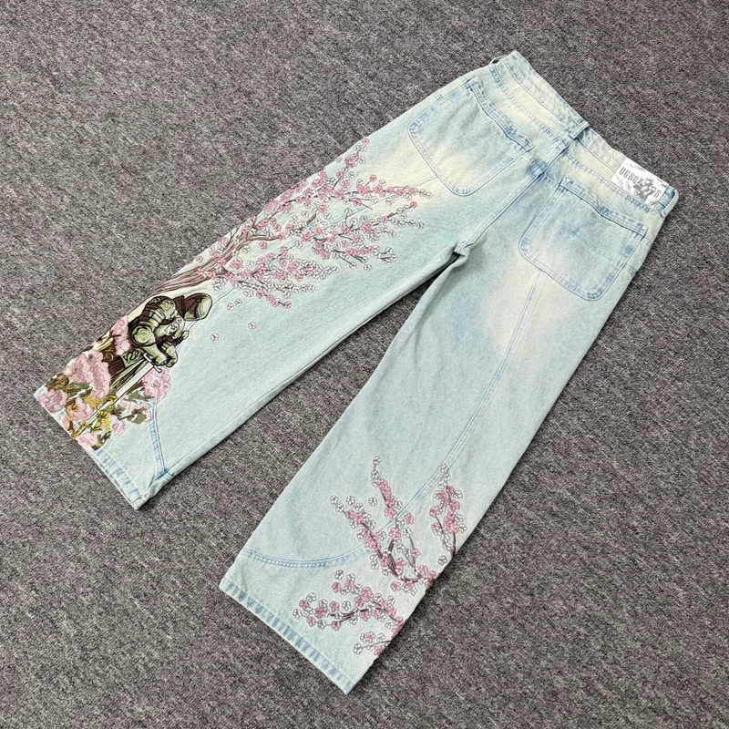 New Heavy Industry High-quality Pants Embroidered Cherry Blossom Knight Pattern Light Colored Casual Vescarts Jeans