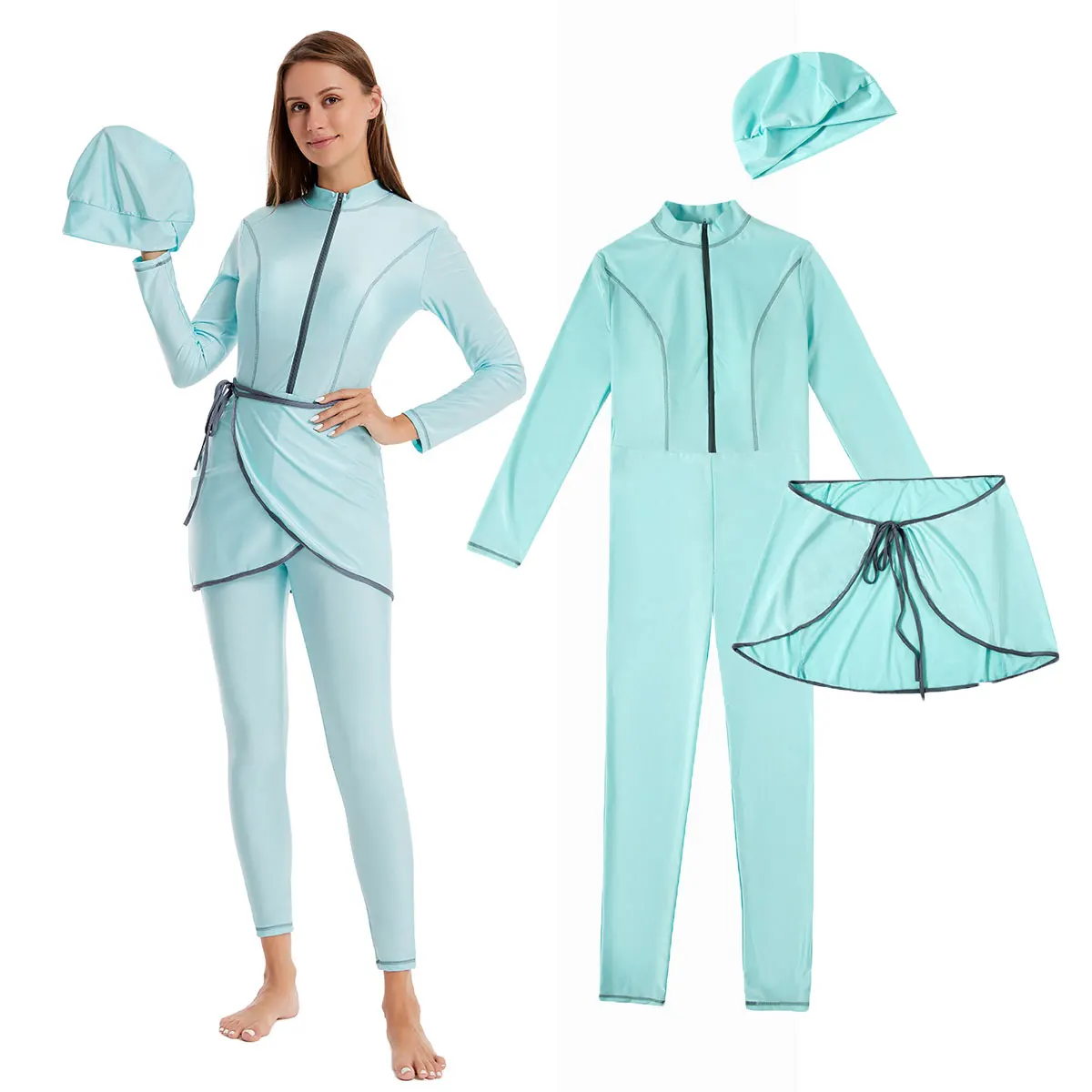 S-3XL Fashion Islamic Muslim Swimsuit Burkini Women Ladies Full Cover Swimming Tights With Skirt Hijab Quick Dry Solid Color