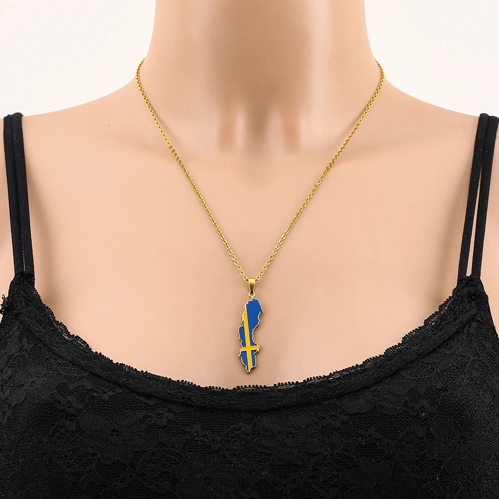 Stainless Steel Enamel Sweden Map Flag Pendant Necklace Unisex Couple Ethnic Patriotic Jewelry Gift Hot Sale European Style