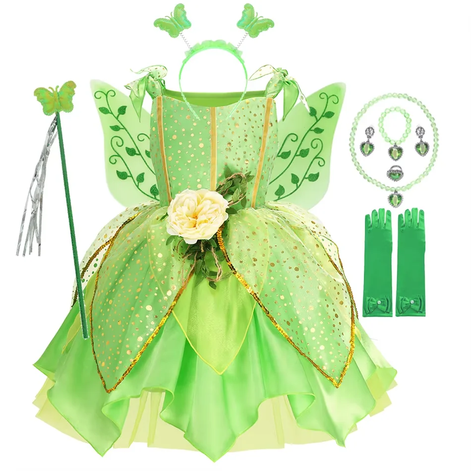 Girls TinkerBell Costume Halloween Costume Green Fancy Dress Fairy Princess Cosplay Carnival Party Costume