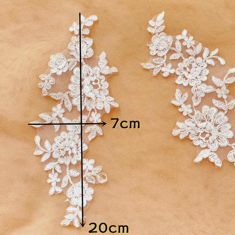 Silver Thread Lace Applique Pair 2 Pieces White Embroidered Trim for Sewing