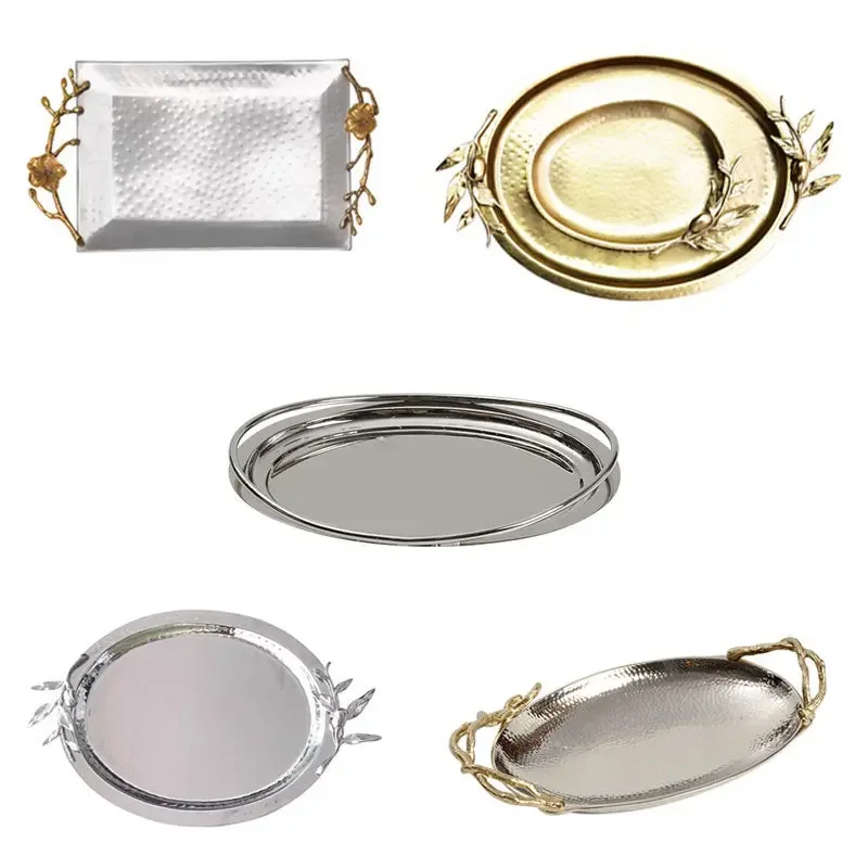 imported gold and silver brass high-grade branches and leaves decorative oval tray storage tray light luxury model room ornament