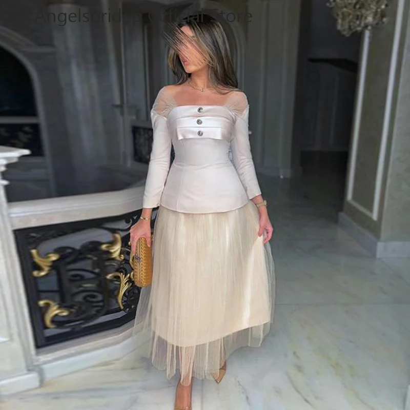 Angelsbridep A-line Prom Dress Off The Shoulder Tea Length Robe De Soiree Vestidos De Fiesta Elegantes Para Mujer Party Gowns