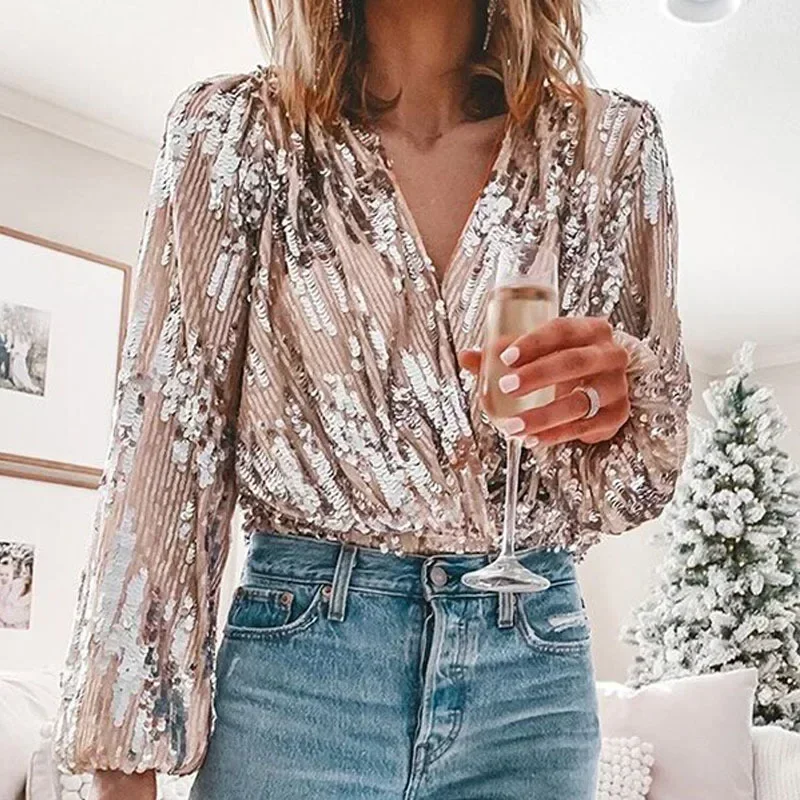 V-neck Sequins Women Blouse Lantern Long Sleeve Luxury Brands Party Dresses Sexy Shirts Designer Clothing Elegant Tops