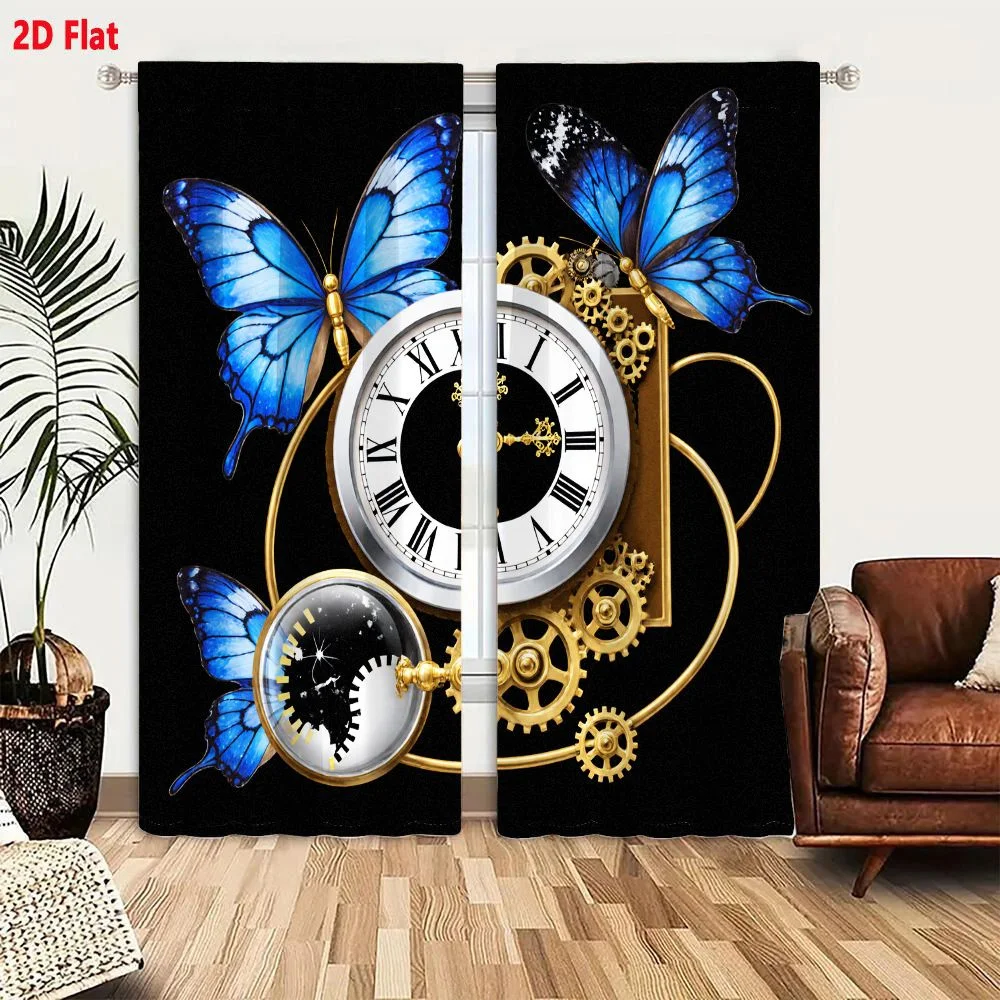 2Pcs Curtains 2D Flat Artistic Steampunk Clock With Butterflies And Mechanical Gears Surreal Whimsical Design Window Drapes for