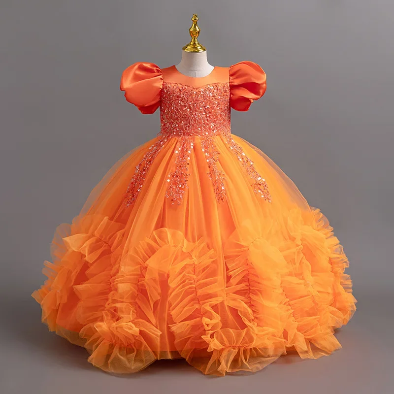 Girls' Sequin Beads Sparkling Princess Dress 4-12 Years Old Long Sleeve Long Dress Banquet Host High end Evening Dress