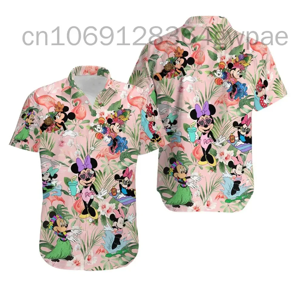 

Minnie Mouse Hawaiian Shirt Women's Men Short Sleeve Beach Shirt Disney Casual Party Button Up Hawaiian Shirt Fashion Streetwear