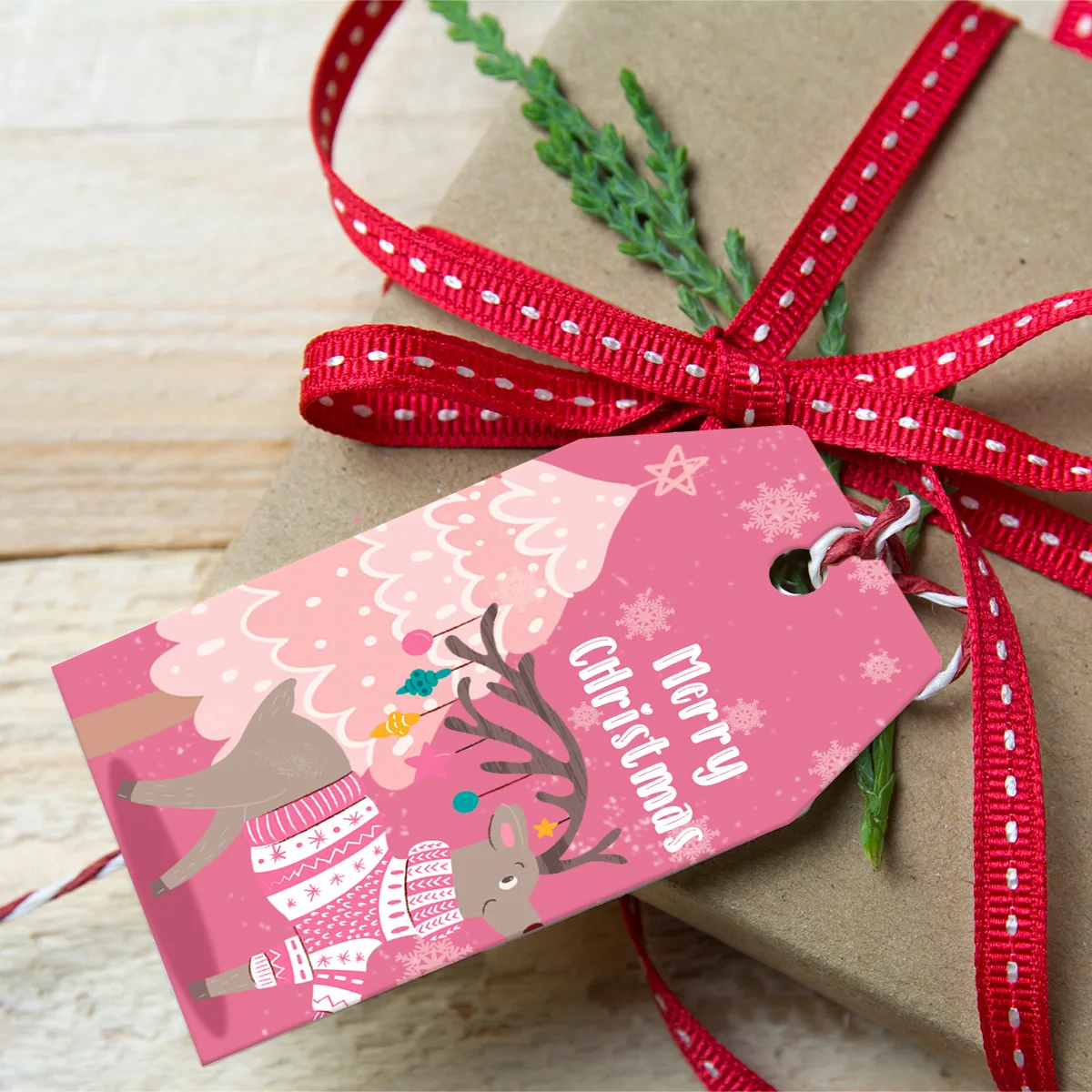 60pcs Pink Christmas Gift Hang Tag Xmas Thank you Kraft Paper Tag Christmas tree Hanging Label Card Xmas Party Kids Gift