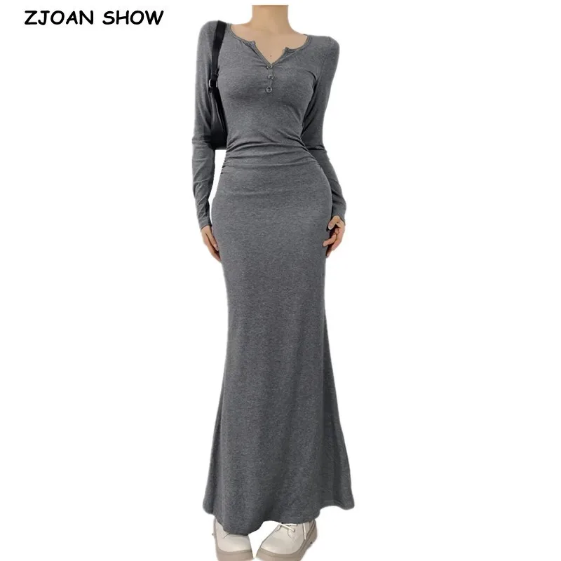 2023 Sexy V Collar Knitted Cotton Maxi Long Mermaid Dress Women Ruched Waist Full Sleeve Stretch Bodycon Fishtail Robe Vestido