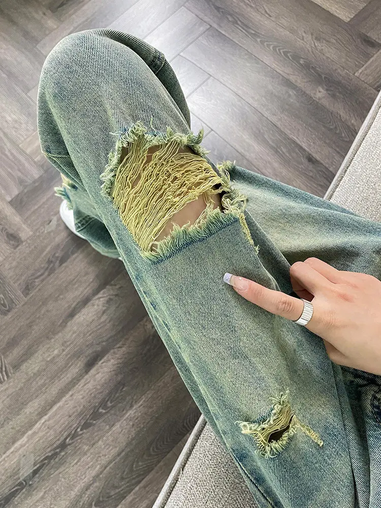 Fashionable high waisted jeans women casual and versatile distressed design sense trendy and personalized Harun pants