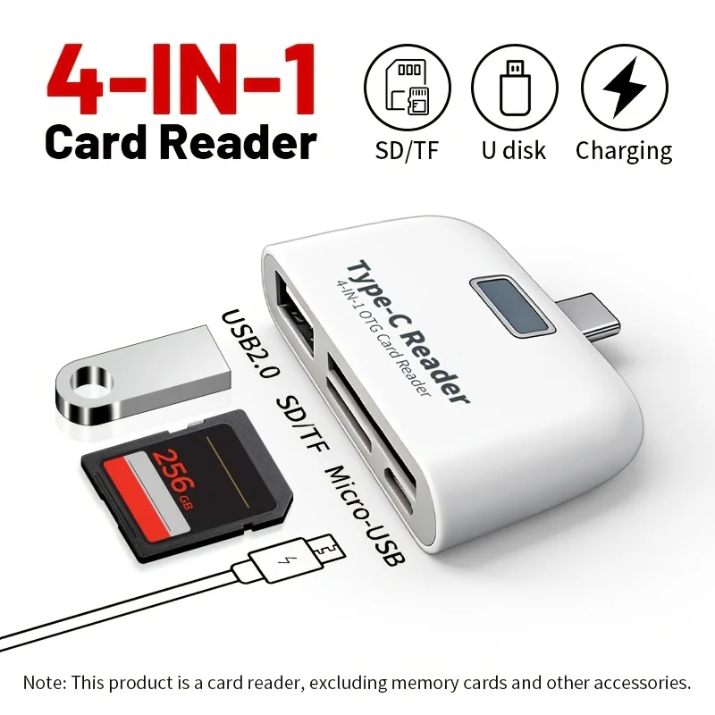 OTG Card Reader, USB-C 4-in-1 SD/TF Reader/Writer, Portable Mini Multi-Function Reader, Plug-and-Play,