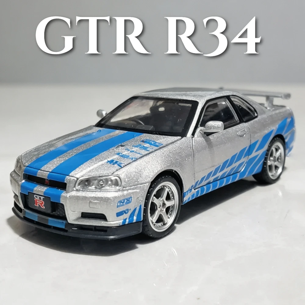 1:32 GTR R34 Car Model Toy 4 Doors Opened Metal Body Sports Cars Models Simulation Lighting Effects Toys Miniature Presents